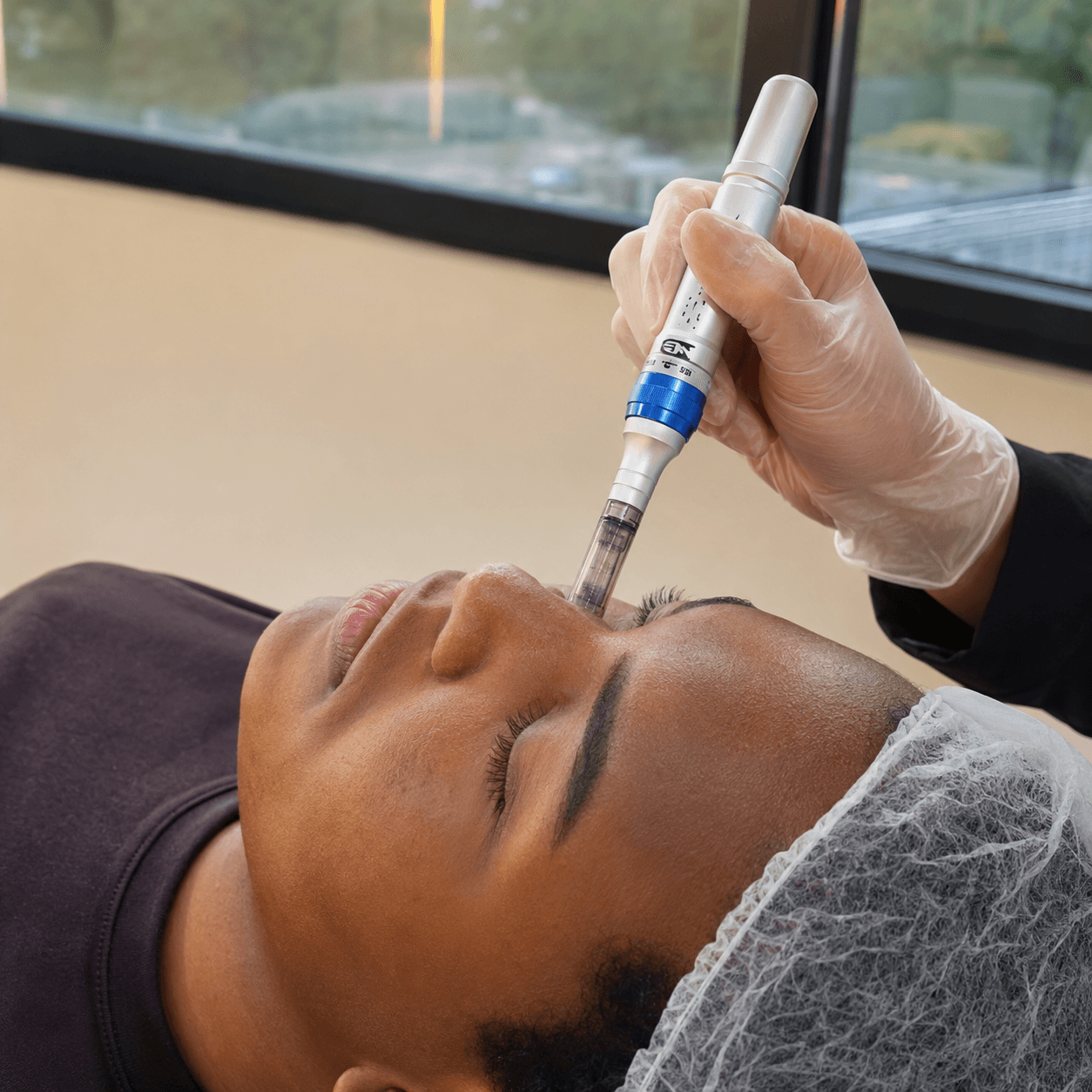 Profissional realizando microagulhamento facial em uma cliente